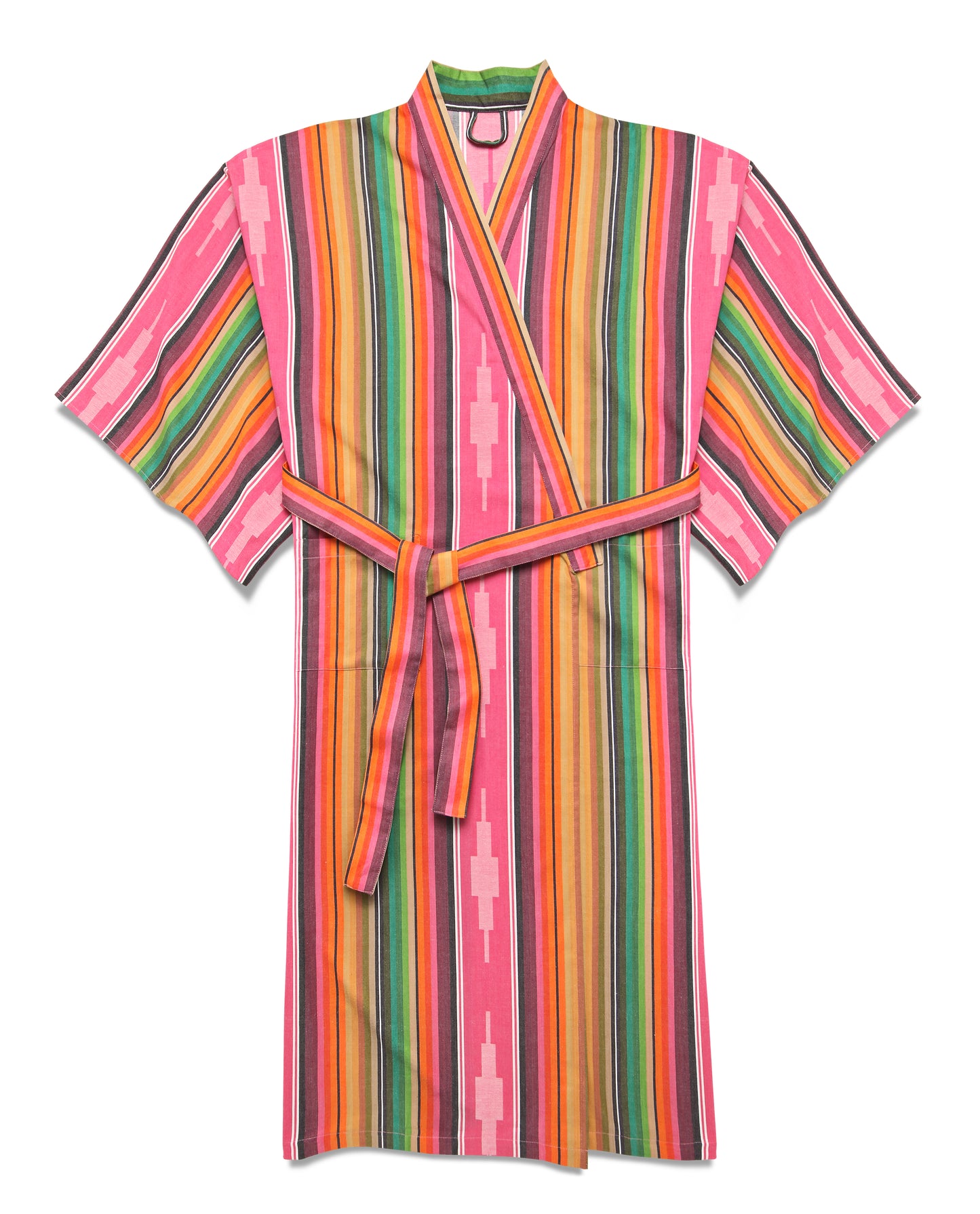 Colorful serape style striped kimono robe with belt against a white backdrop.