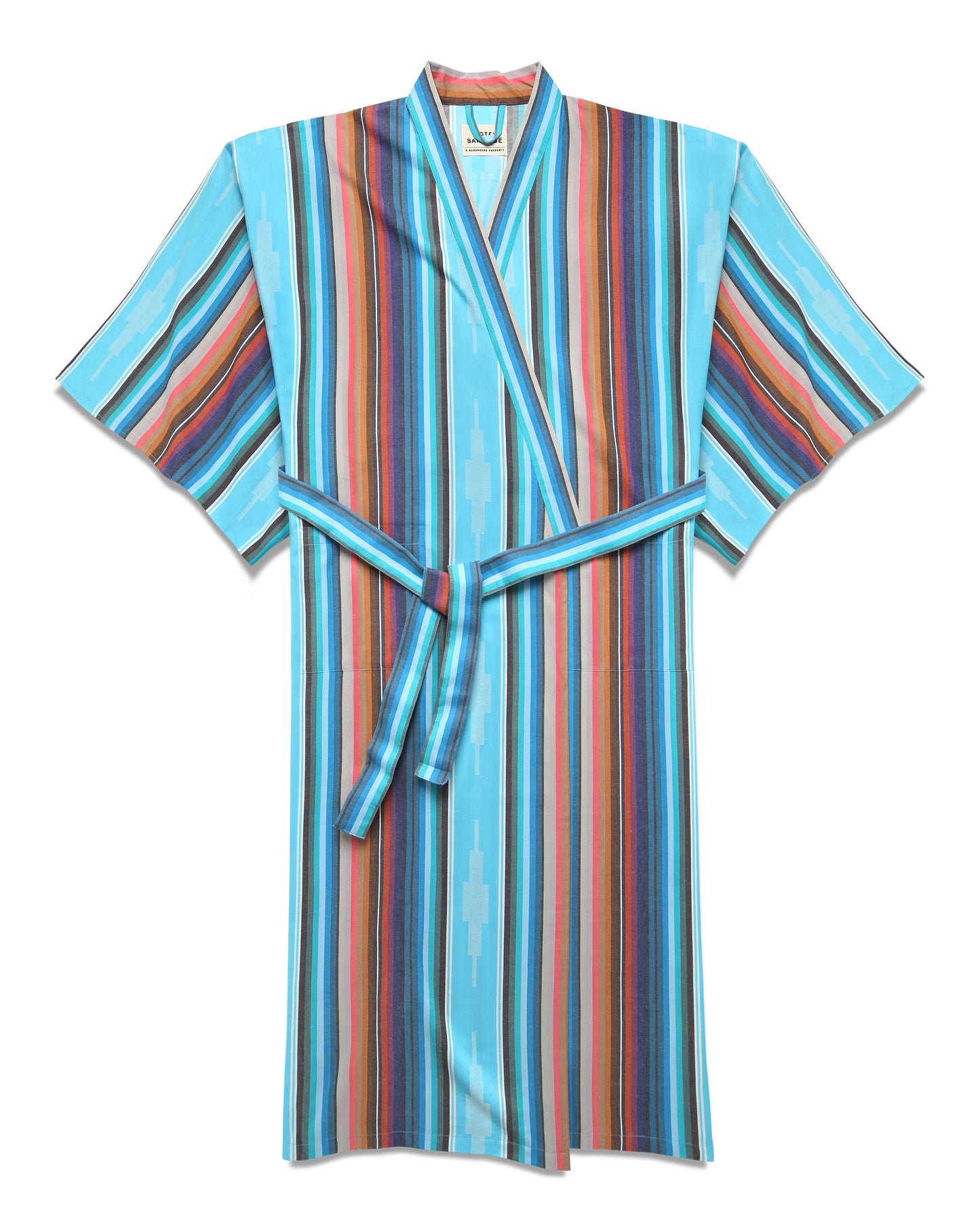 Colorful serape style striped kimono robe with belt against a white backdrop.