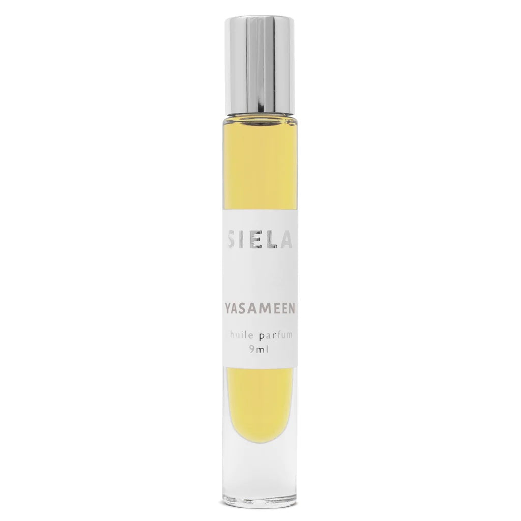 Product of roll-on clear bottle of perfume with label 'SIELA YASAMEEN' indicating 9ml size.