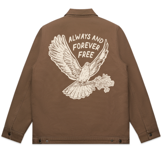 The back of a brown jacket with a collar, featuring text, 'ALWAYS AND FOREVER FREE' and an illustration of a dove carrying flowers in beige on the back.