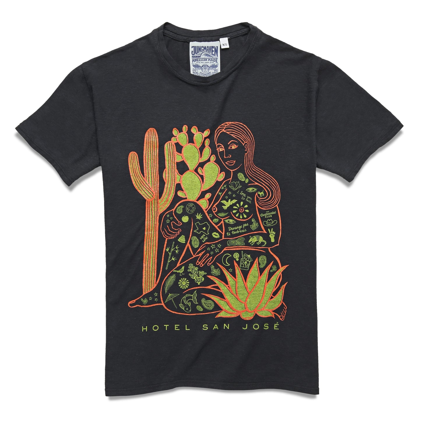 Heathered tshirt with line work illustration of a woman covered in Austin Texas icons with various cacti in front and behind her with text that reads 'HOTEL SAN JOSE' underneath.
