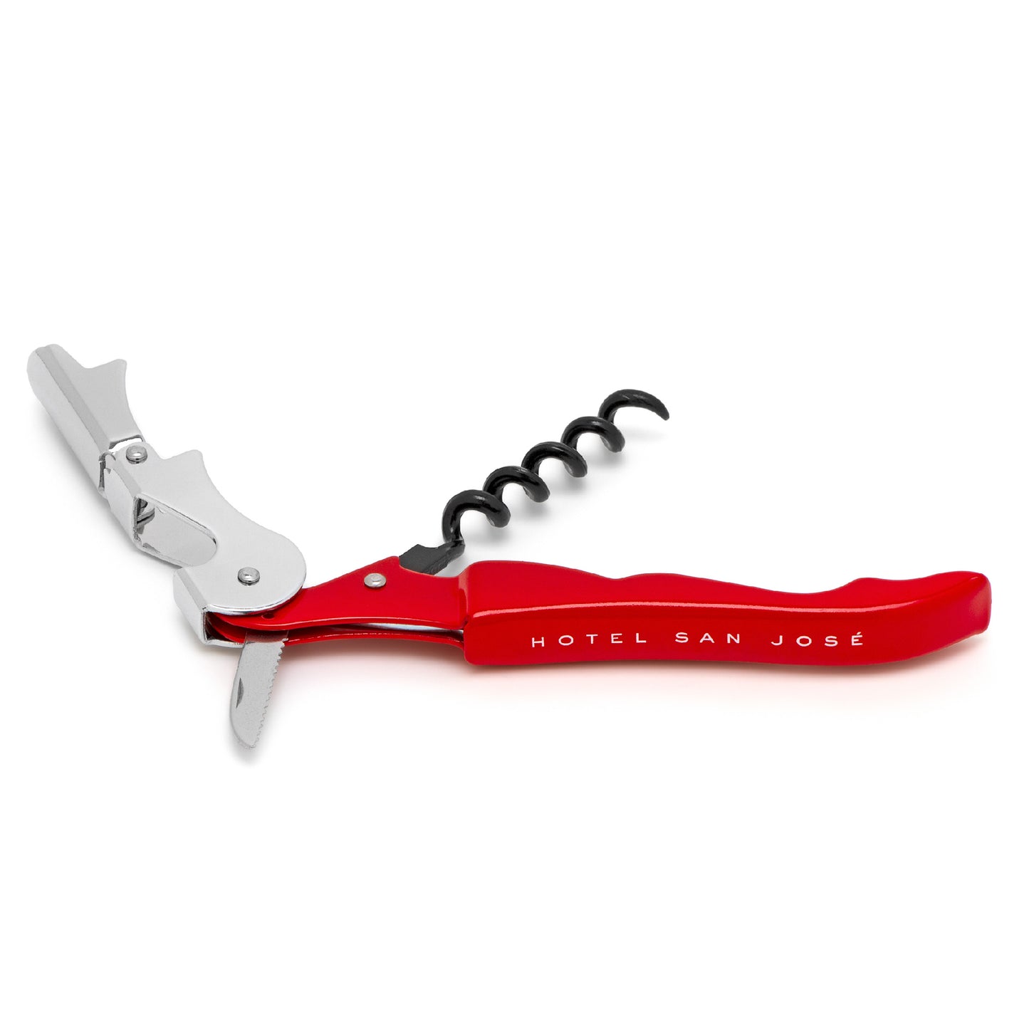 A red and silver metal bottle opener with a corkscrew, branded with 'Hotel San Jose'.