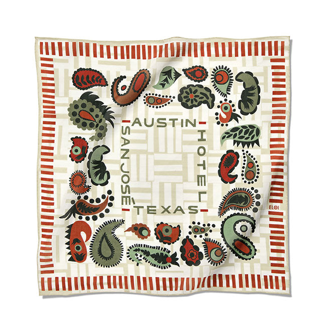 A bandana with a white and cream base featuring red and green paisley patterns and text that reads 'Austin', 'Hotel San Jose', and 'Texas'.