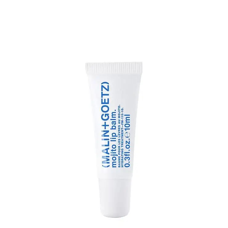 A white tube of Malin+Goetz Mojito Lip Moisturizer with blue text and detailing.