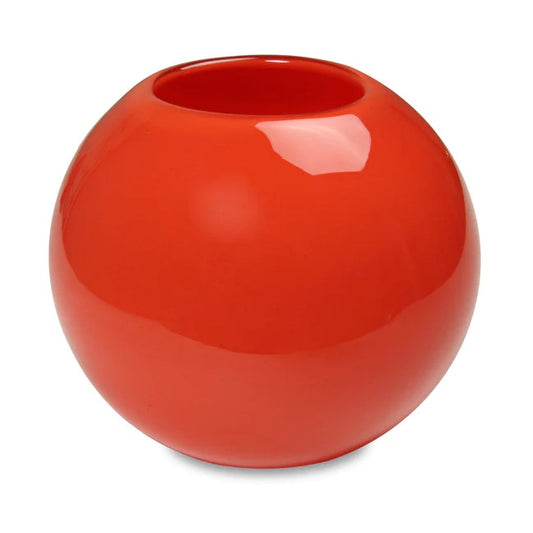 A red globe-shaped glass candle holder