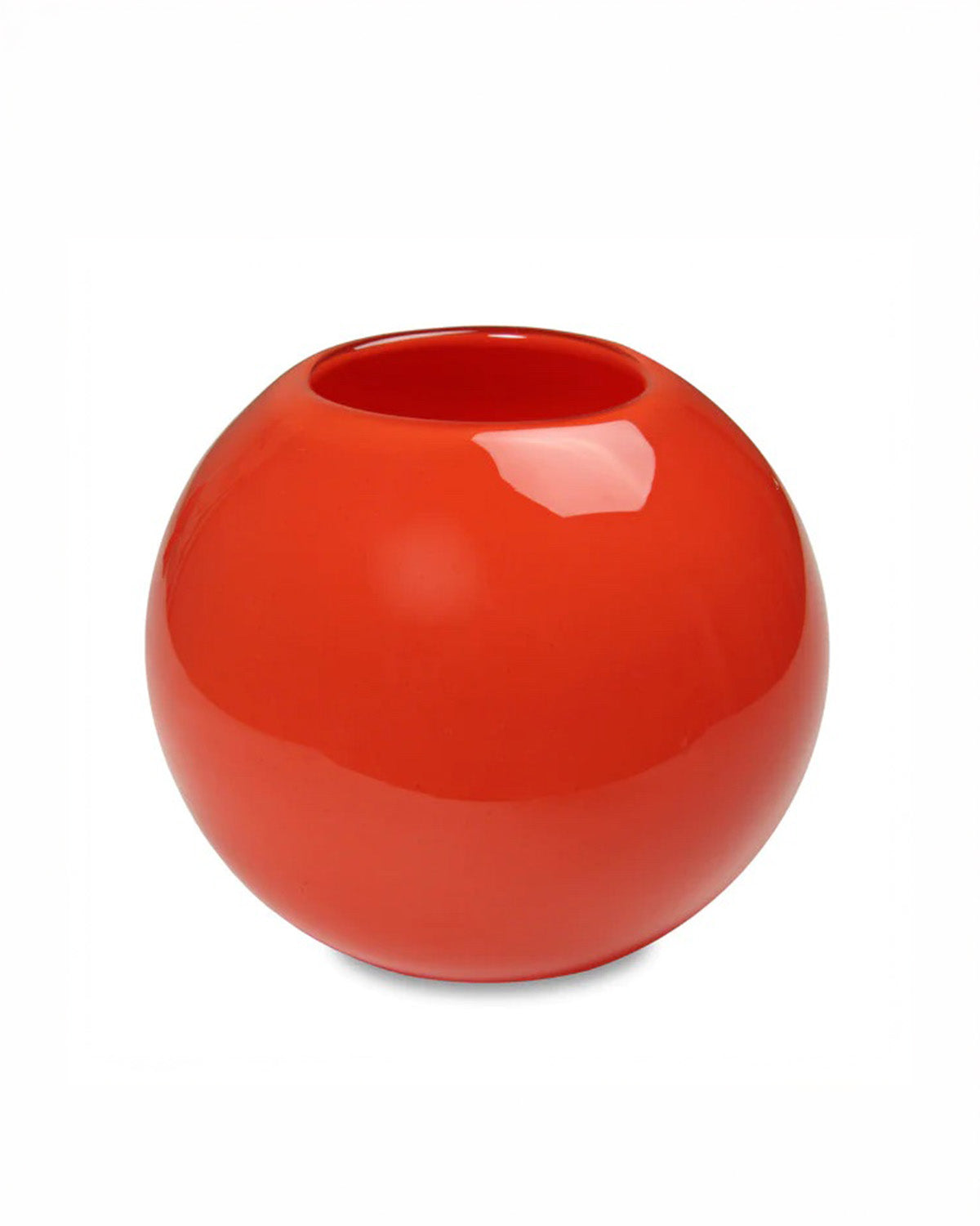 Glossy red spherical vase on a white background
