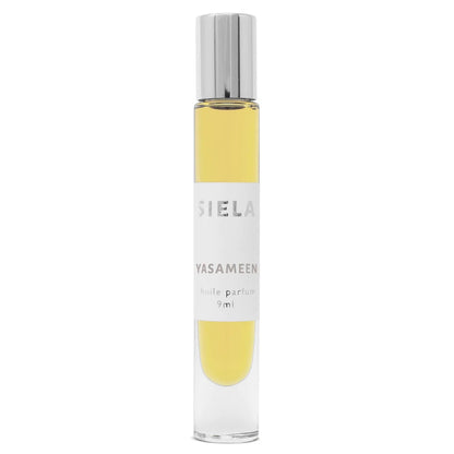 Product of roll-on clear bottle of perfume with label 'SIELA YASAMEEN' indicating 9ml size.