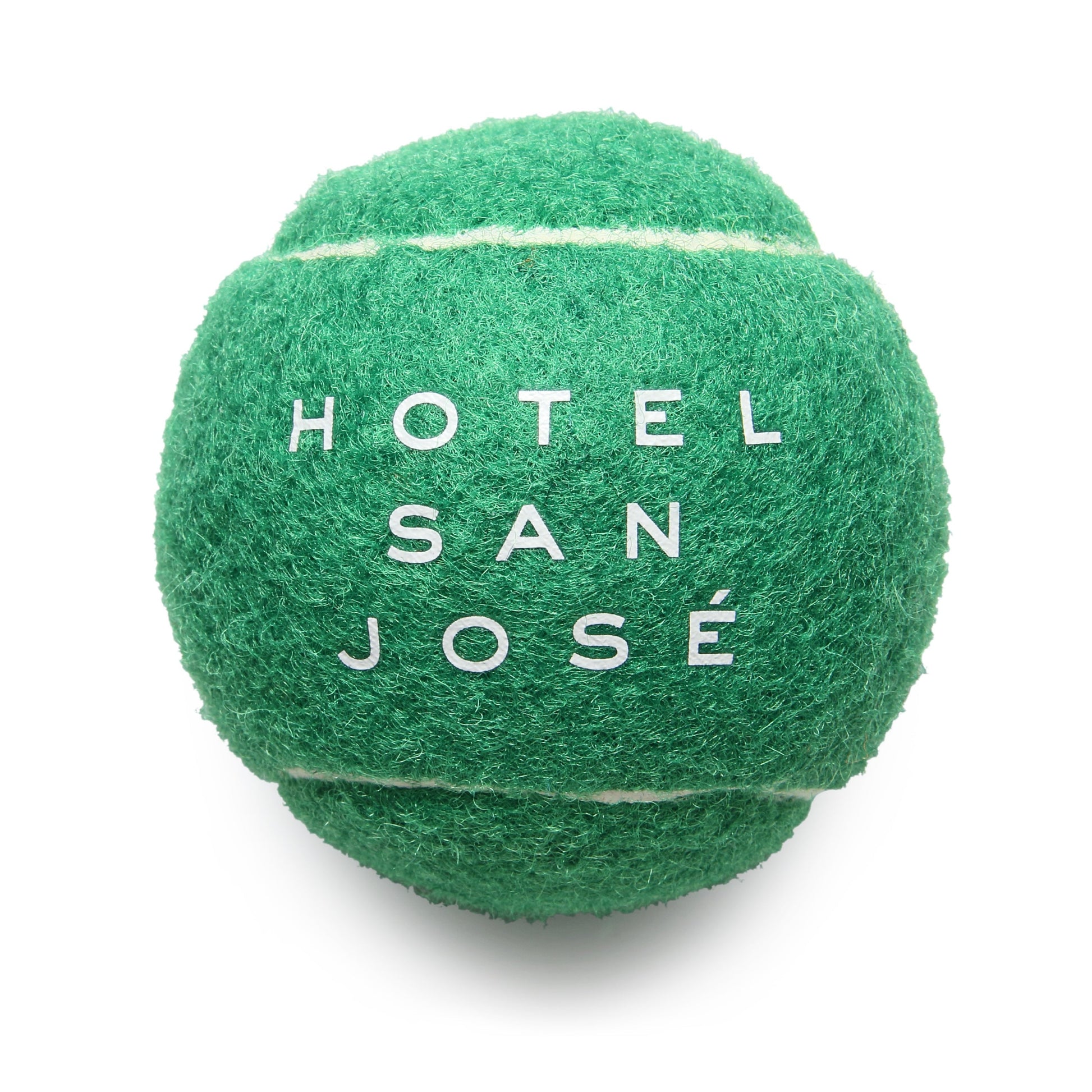 A green tennis ball with the text 'HOTEL SAN JOSÉ' printed on it.