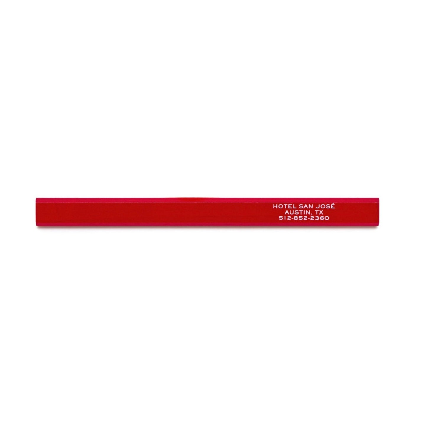 A red carpenter pencil with 'Hotel San Jose' printed in white text on the side.