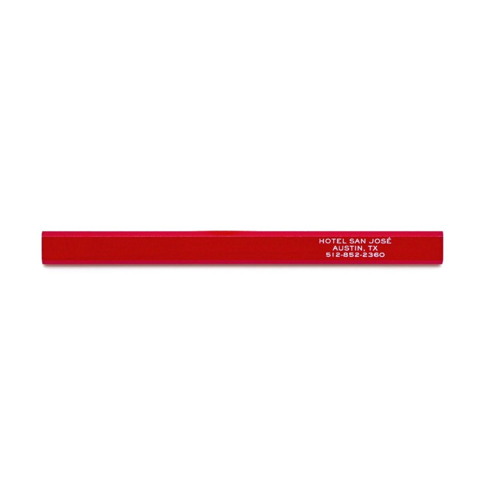 A red carpenter pencil with 'Hotel San Jose' printed in white text on the side.