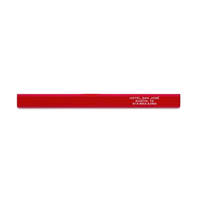 A red carpenter pencil with 'Hotel San Jose' printed in white text on the side.