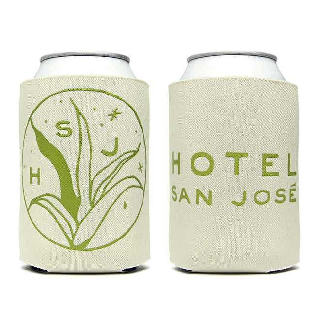 Two beige can coolers with green text and artwork. The left cooler has a floral design with the letters 'HSJ' and stars, and the right cooler has the words 'HOTEL SAN JOSE'.